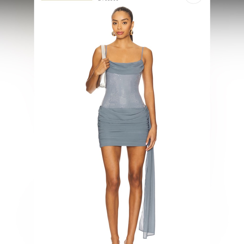 Seanna Ruched Mini Dress in Steele (Blue Sequin Mini Dress)